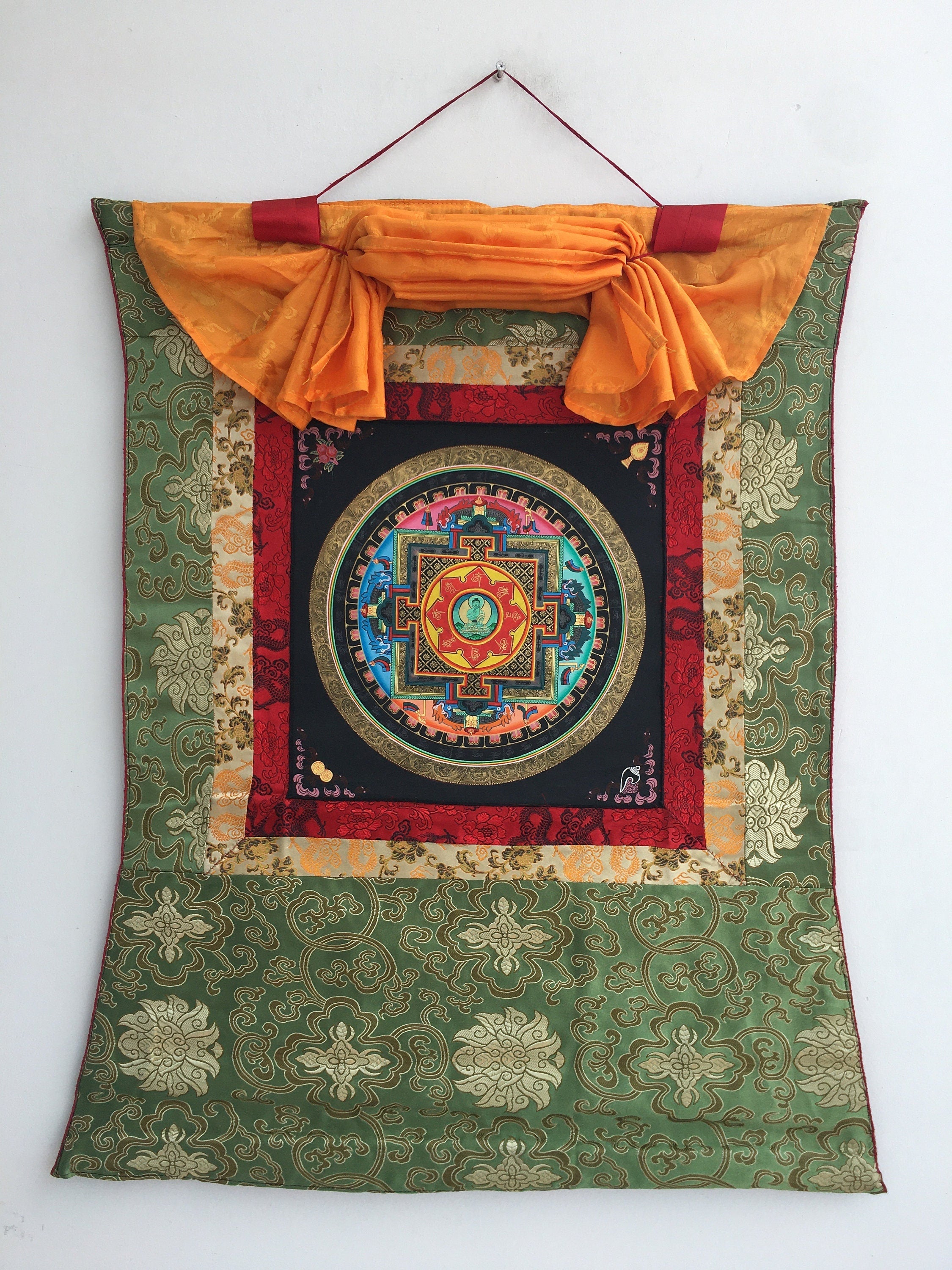 Brocade Mounted Mandala With Amoghsiddhi | Wall Hanging Mandala Art