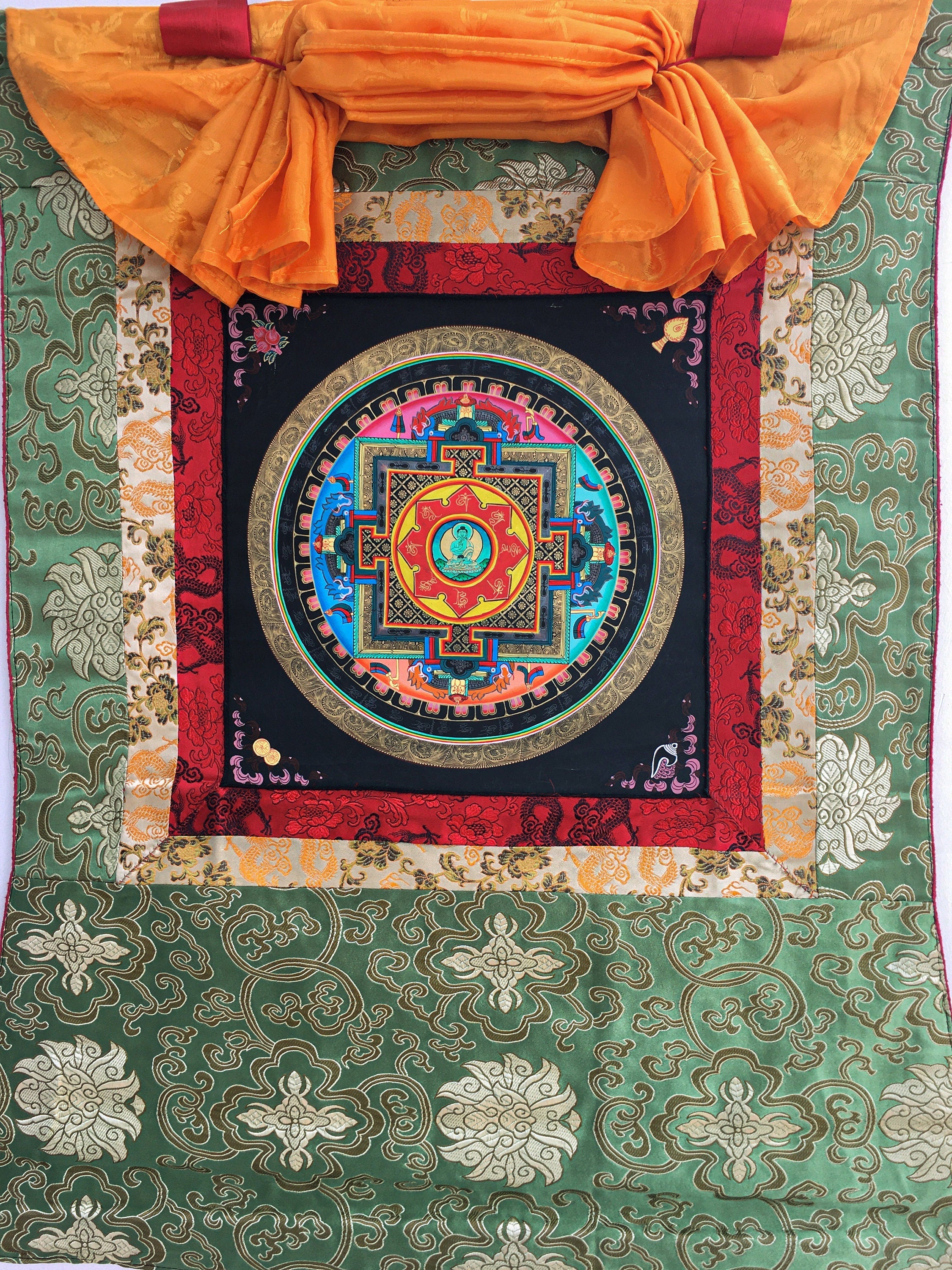 Brocade Mounted Mandala With Amoghsiddhi | Wall Hanging Mandala Art