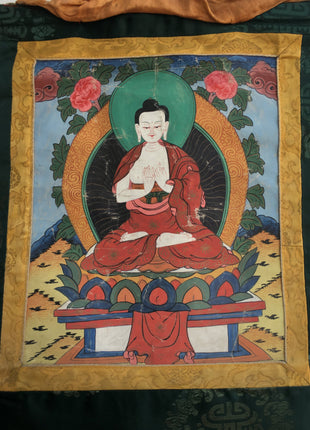 Vintage Vairocana Buddha Thangka | Mounted Brocade Art | Tibetan Wall Decoration