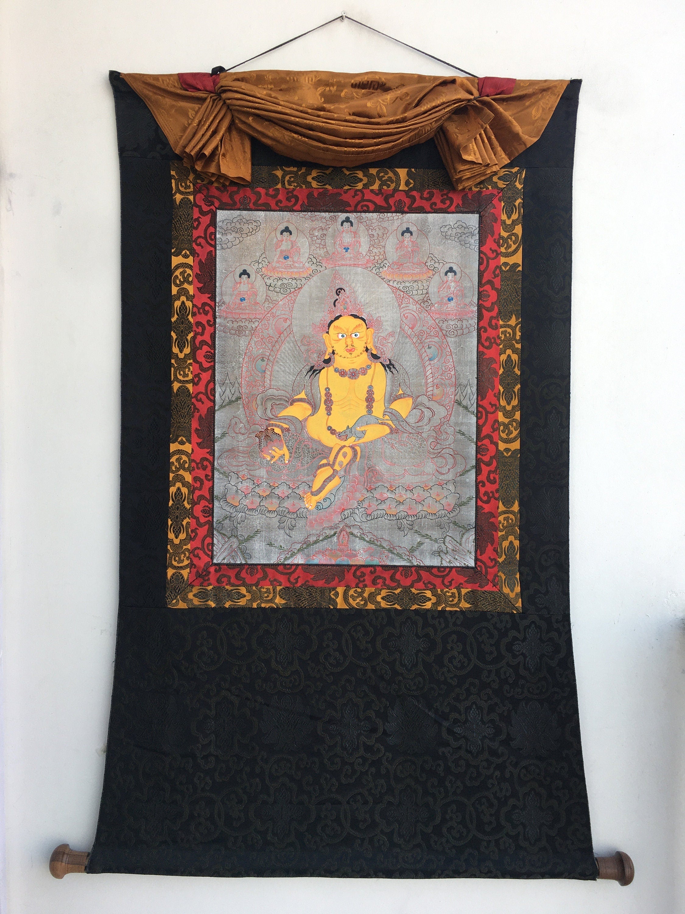 Dzambala Thangka Painting | Brocade Mounted Dzambhala Mantra