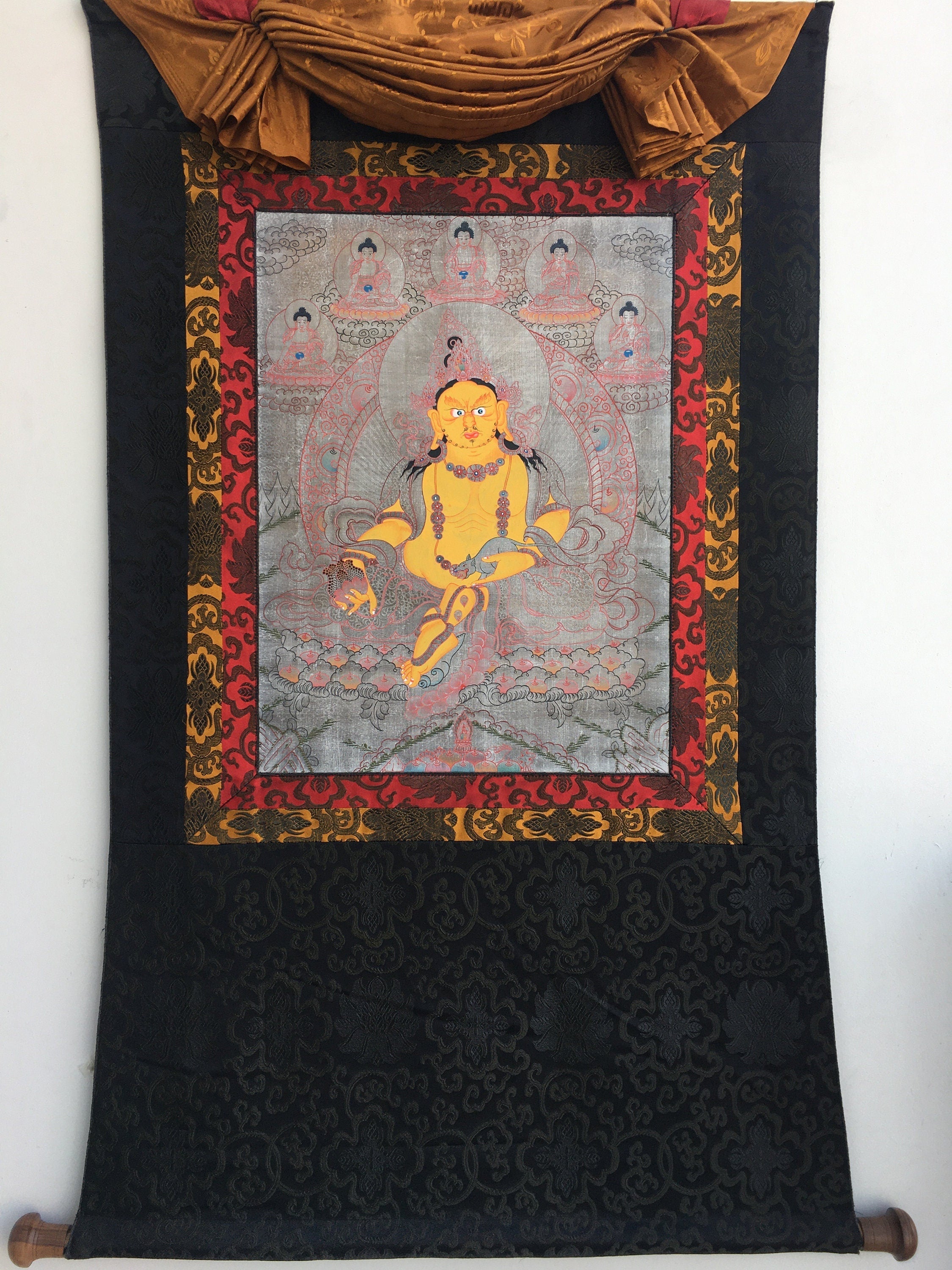 Dzambala Thangka Painting | Brocade Mounted Dzambhala Mantra