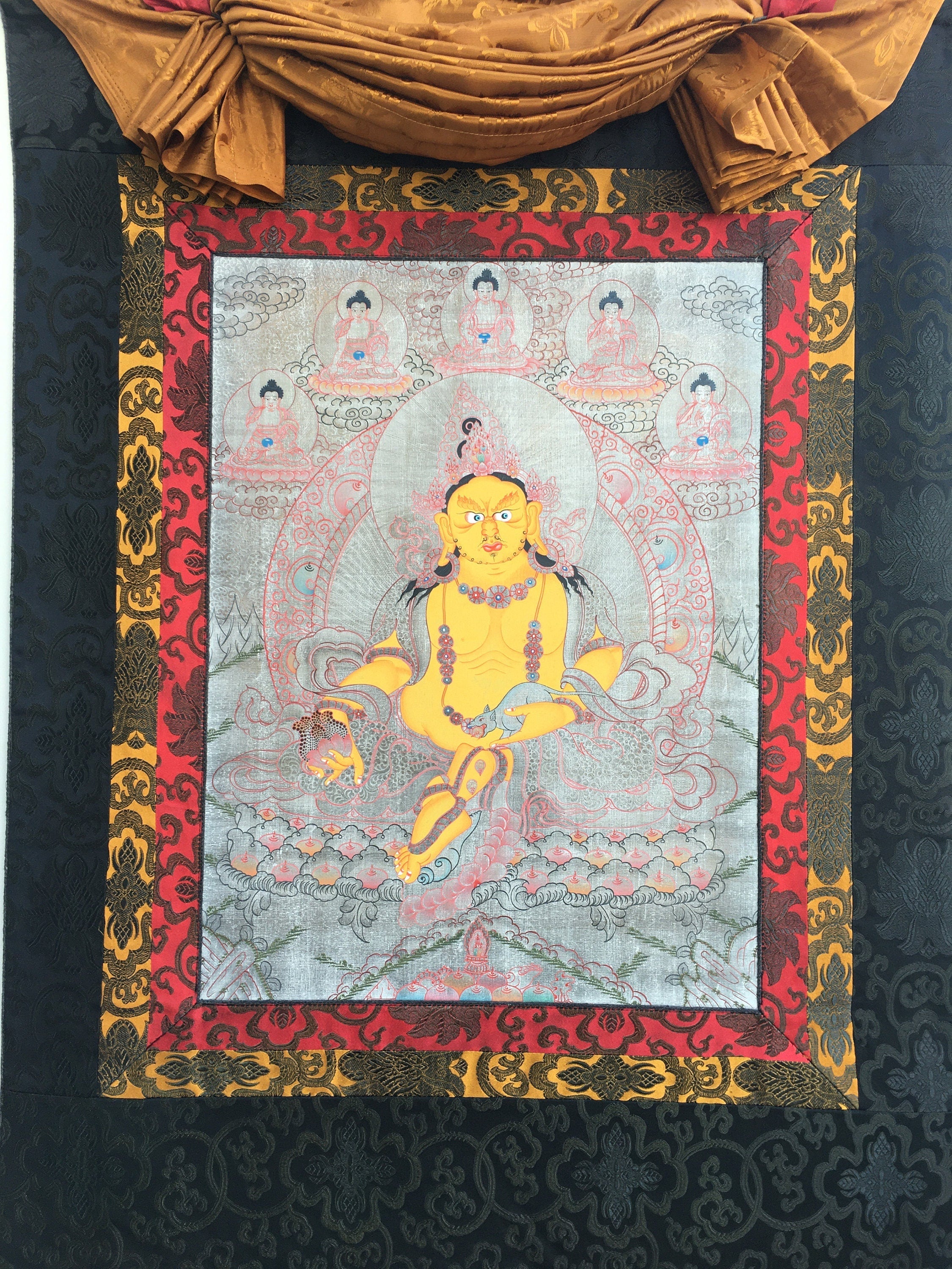 Dzambala Thangka Painting | Brocade Mounted Dzambhala Mantra