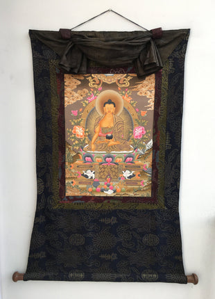 Shakyamuni Buddha Thangka Mounted on Brocade | Buddhist Hand Painted Art
