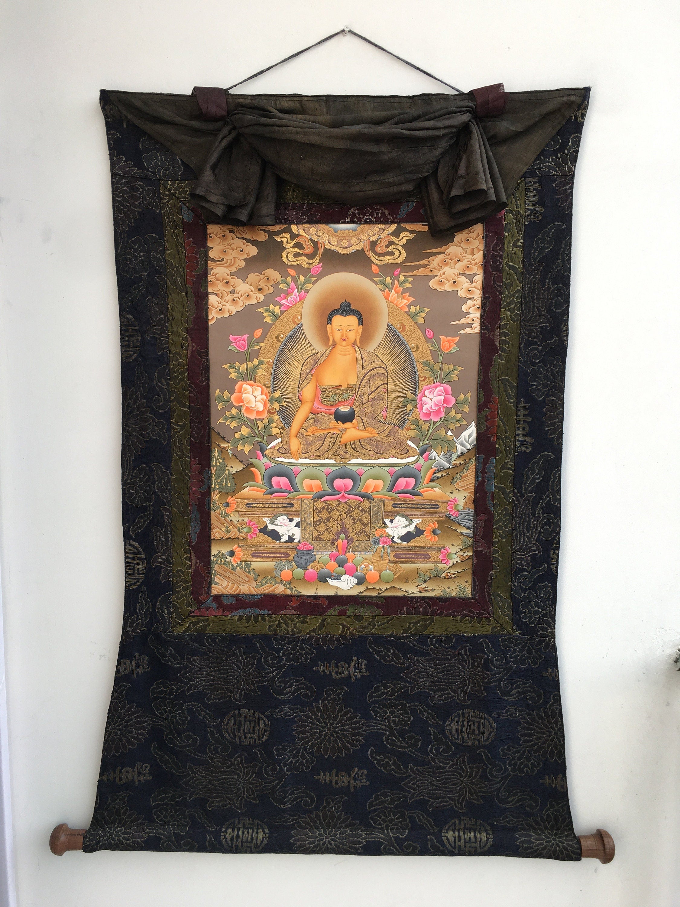 Shakyamuni Buddha Thangka Mounted on Brocade | Buddhist Hand Painted Art