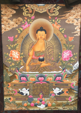 Shakyamuni Buddha Thangka Mounted on Brocade | Buddhist Hand Painted Art
