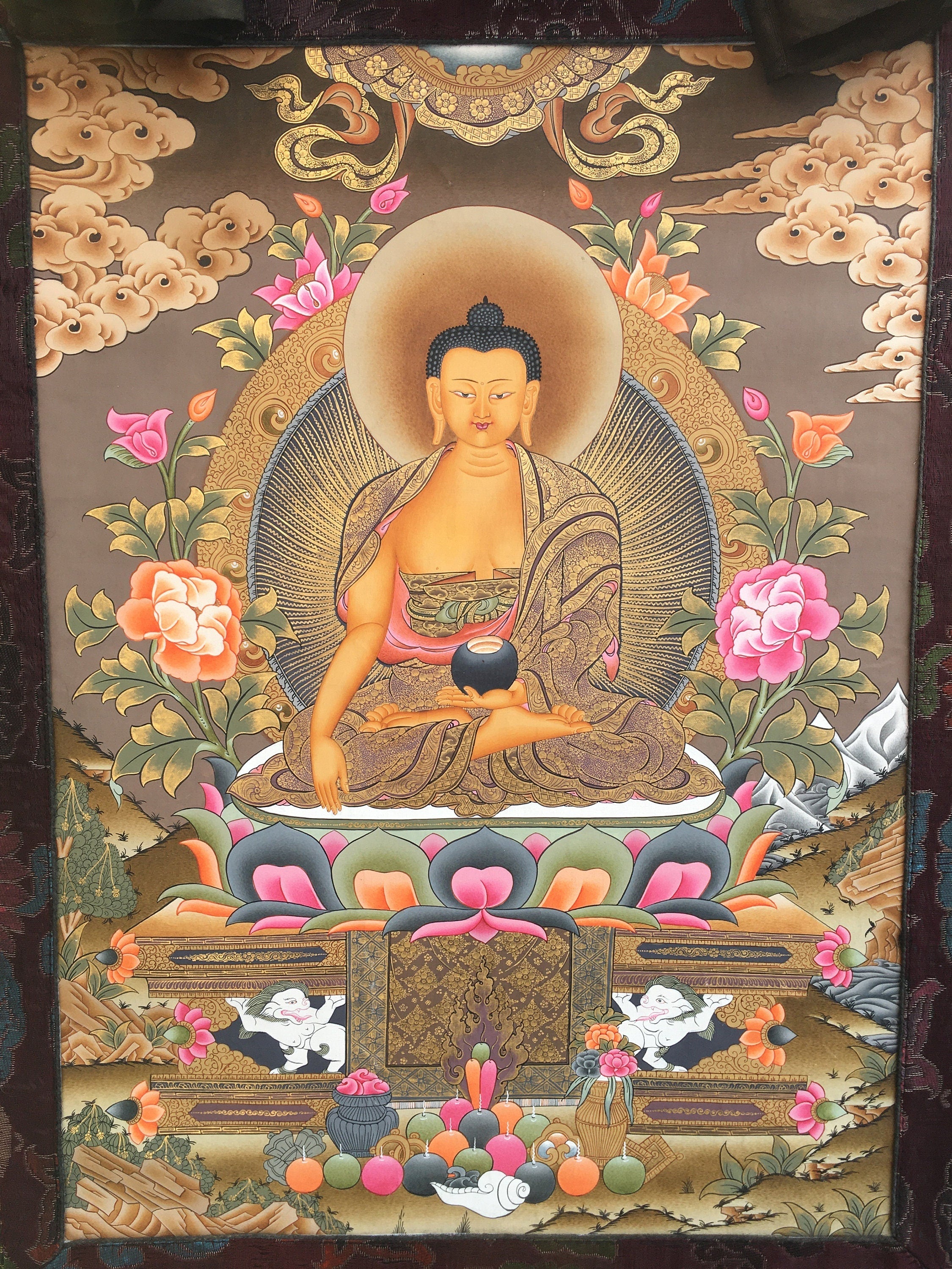 Shakyamuni Buddha Thangka Mounted on Brocade | Buddhist Hand Painted Art