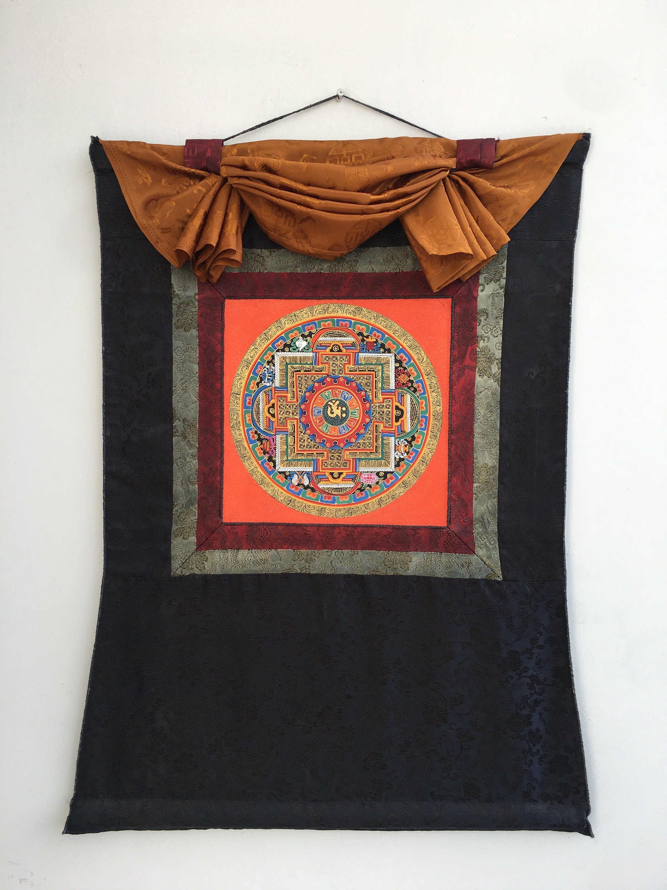 Brocade Om Mandala Thangka | Buddhist Handpainted Art | Religious Wall Decor