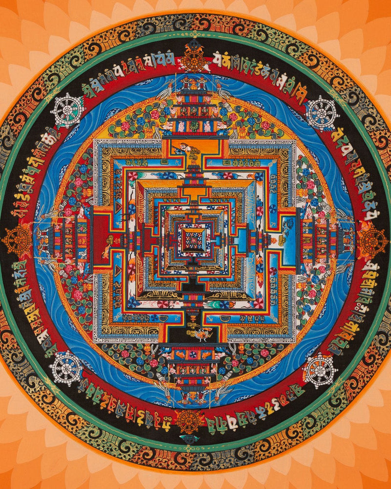 Aura Kalachakra Mandala | Orange Colored Flower Petal Shaped Halo | Handpainted Tibetan Art