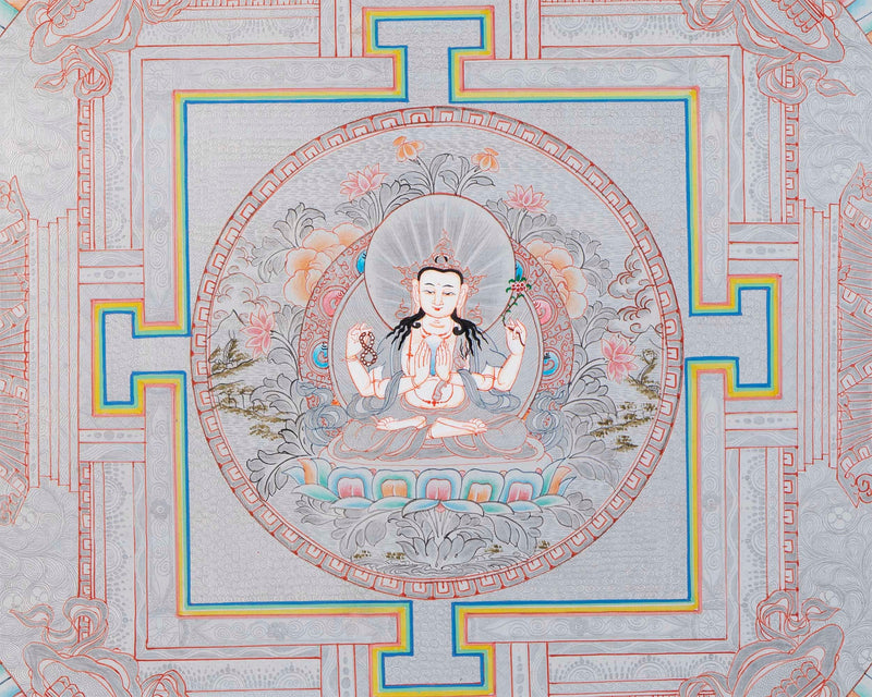 Chegrezig Mandala Thangka | Hand Painted covered with Pure Silver