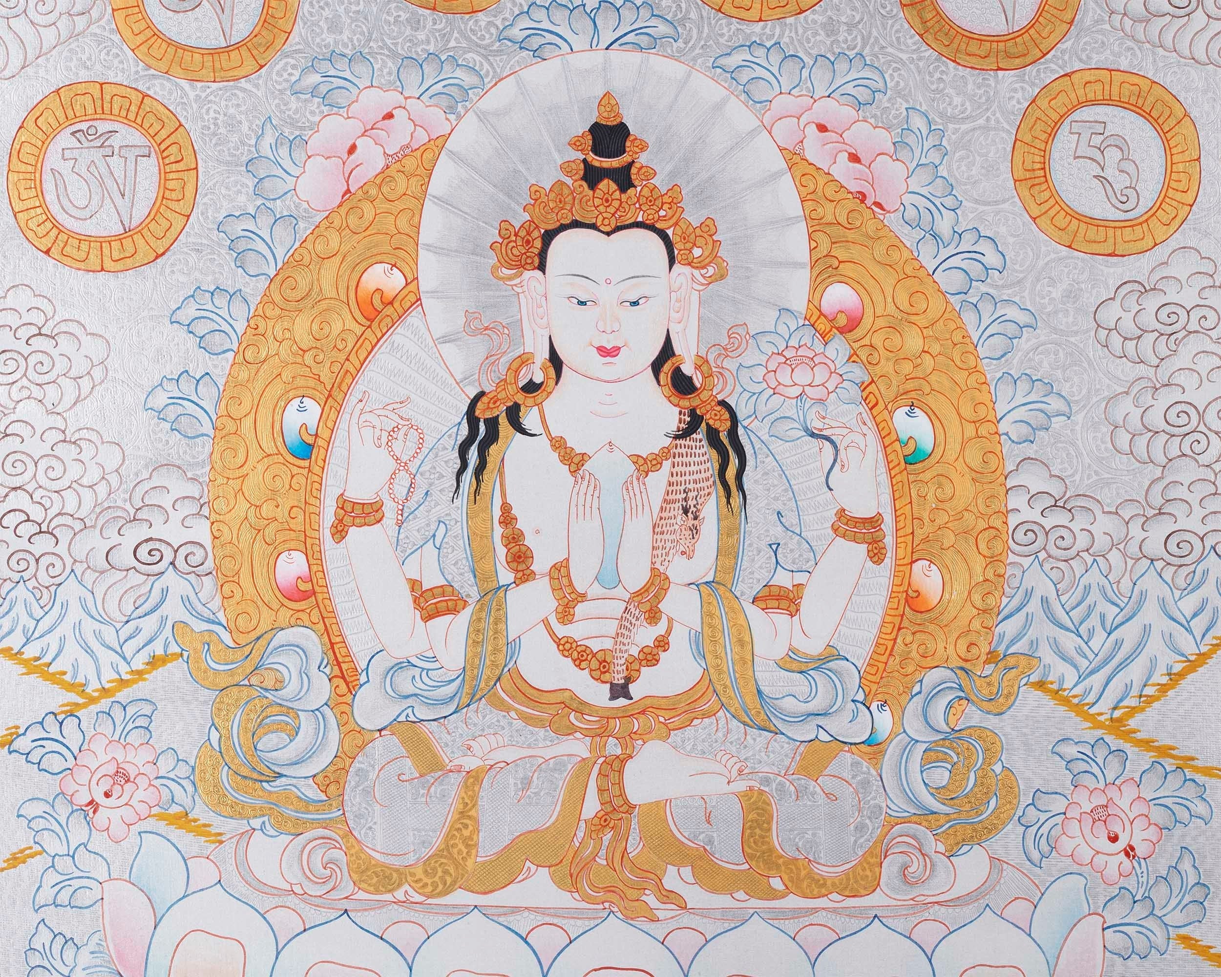 Bodhisattva Chenrezig | 4 Armed Chengrezig Thangka Painting with Om Mani Padme Hum Mantra
