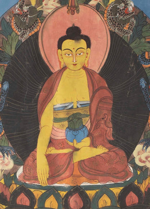 Buddhist Thangka painting | Shakyamuni Buddha with two chief Disciples