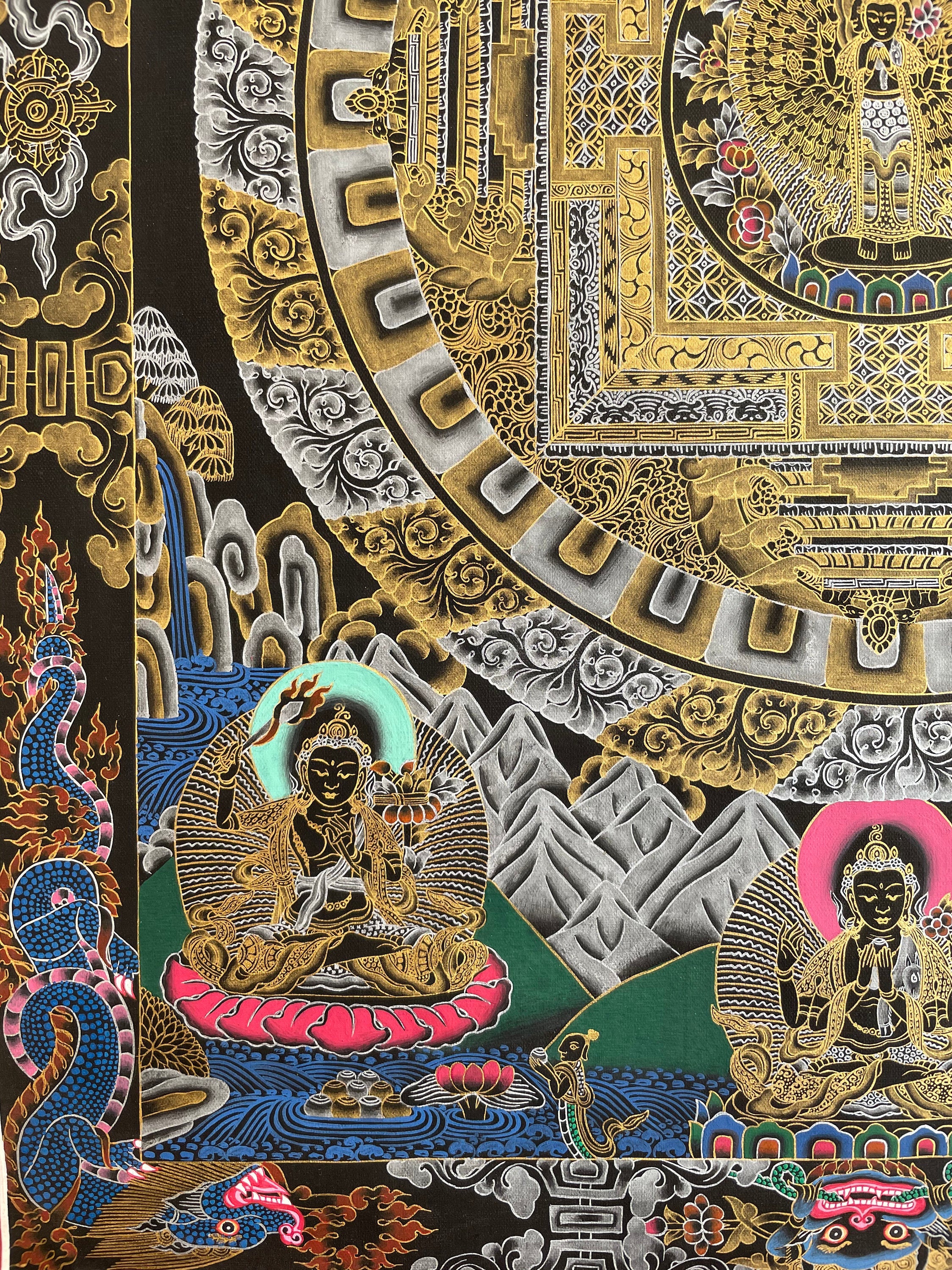 Lokeshvara Mandala Thangka | Black and Gold Tibetan Buddhist Wall Hanging Art