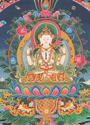 4 Armed Chengrezig Thangka | Buddhist Newari Art Style from Kathmandu Nepal