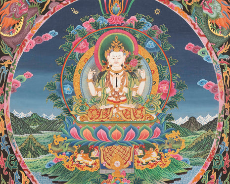 4 Armed Chengrezig Thangka | Buddhist Newari Art Style from Kathmandu Nepal
