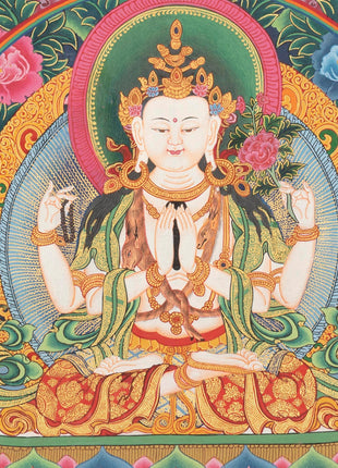 4 Armed Chengrezig Thangka | Buddhist Newari Art Style from Kathmandu Nepal