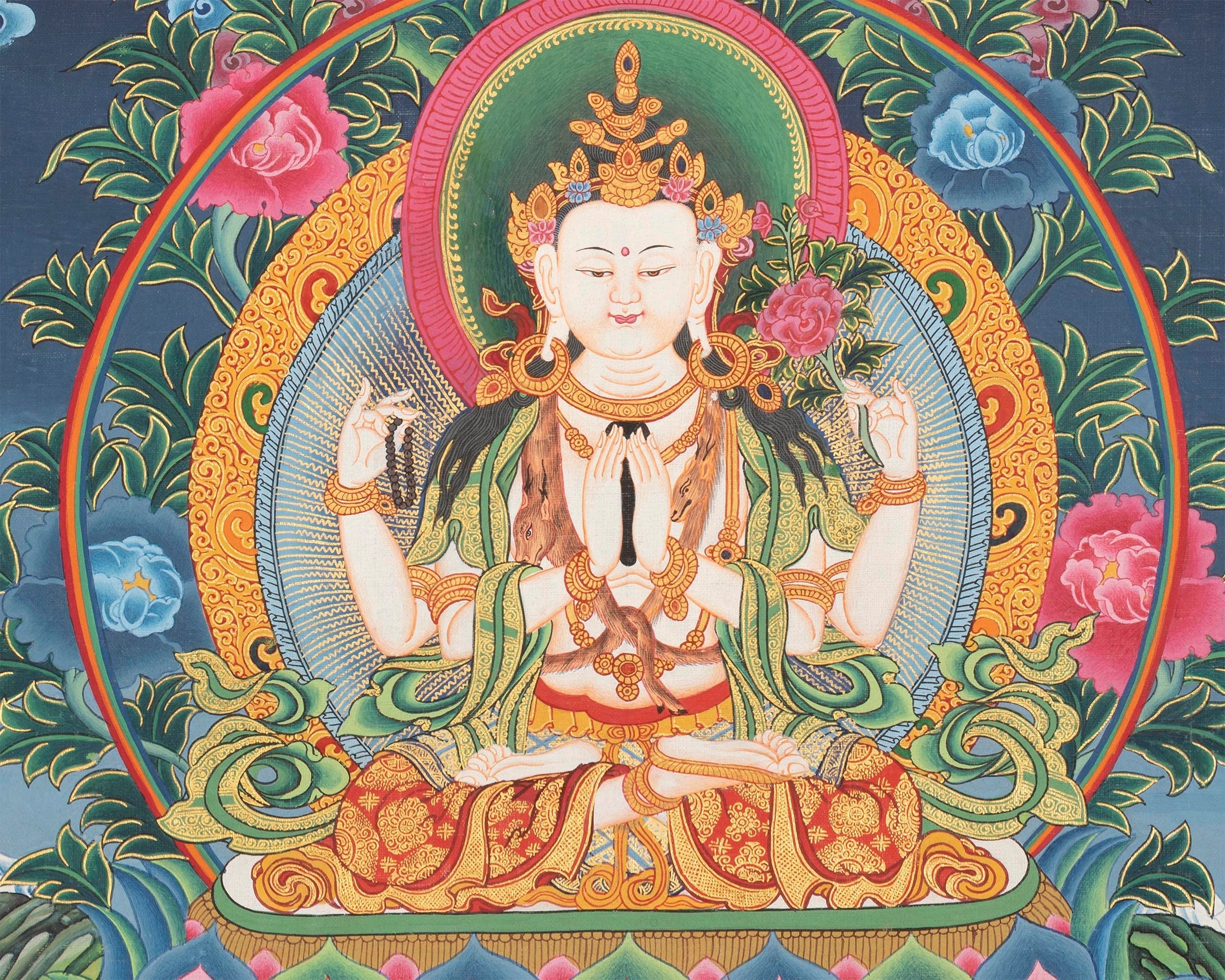 4 Armed Chengrezig Thangka | Buddhist Newari Art Style from Kathmandu Nepal