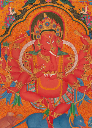 Ganapati Thangka Painting | Handmade Buddhist Sakya Red Ganesha