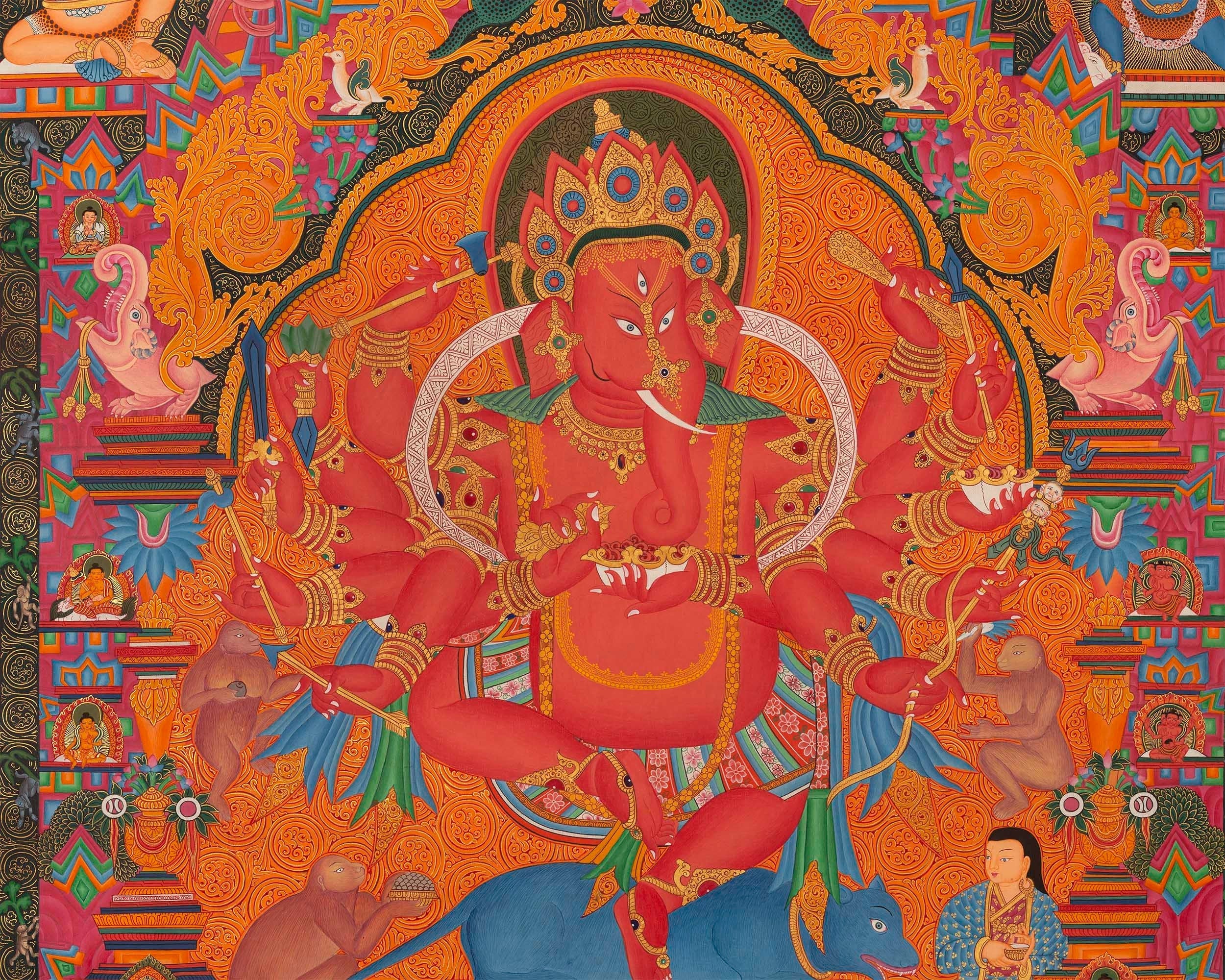 Ganapati Thangka Painting | Handmade Buddhist Sakya Red Ganesha