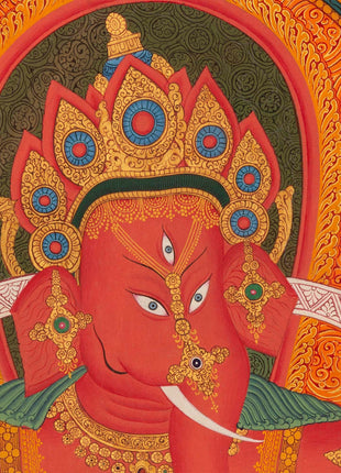 Ganapati Thangka Painting | Handmade Buddhist Sakya Red Ganesha