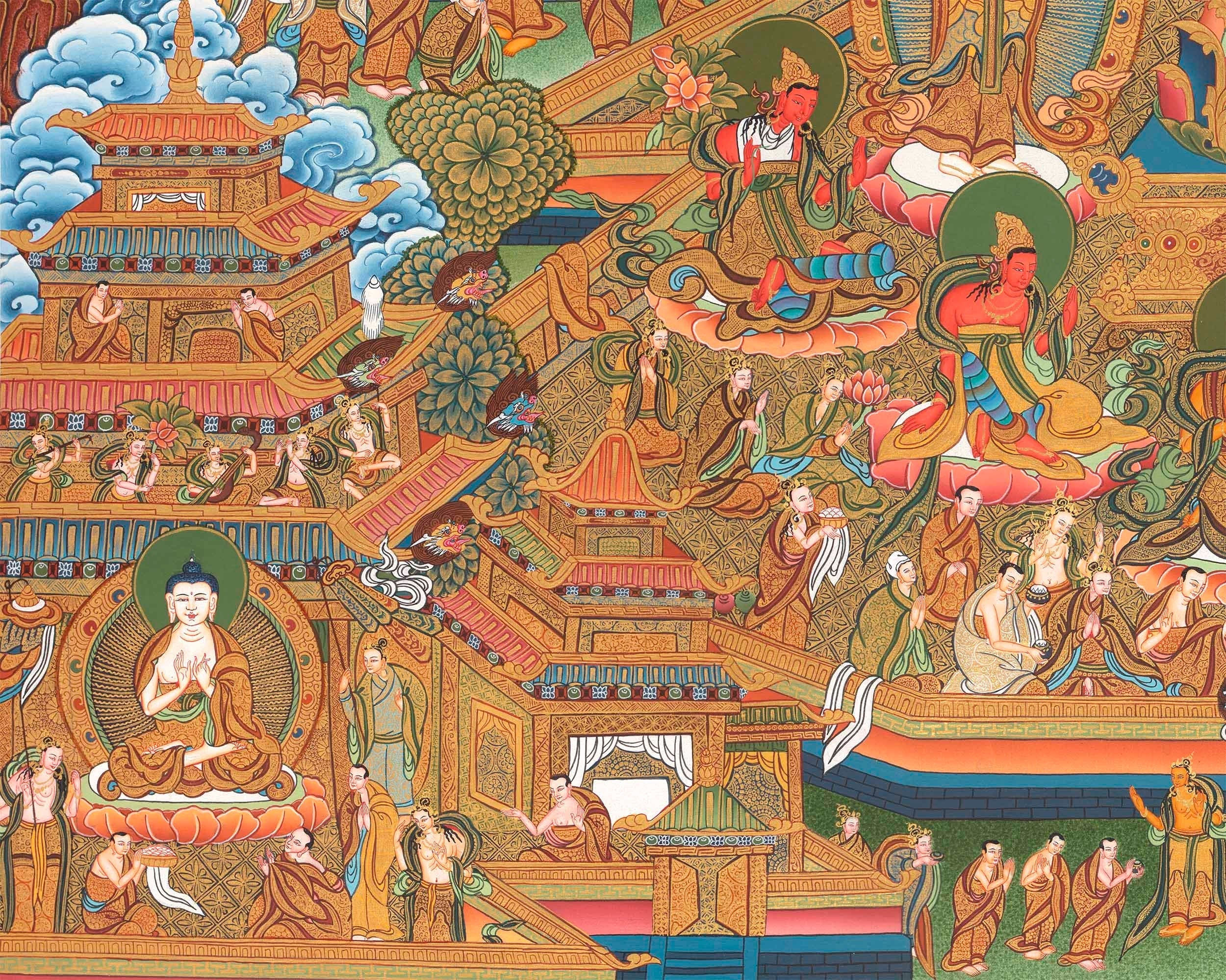 Traditional Shakyamuni Buddha Thangka | Large Traditional Panoramic Wall Art To Aid Meditation Yoga | 24 K Gold Artwork