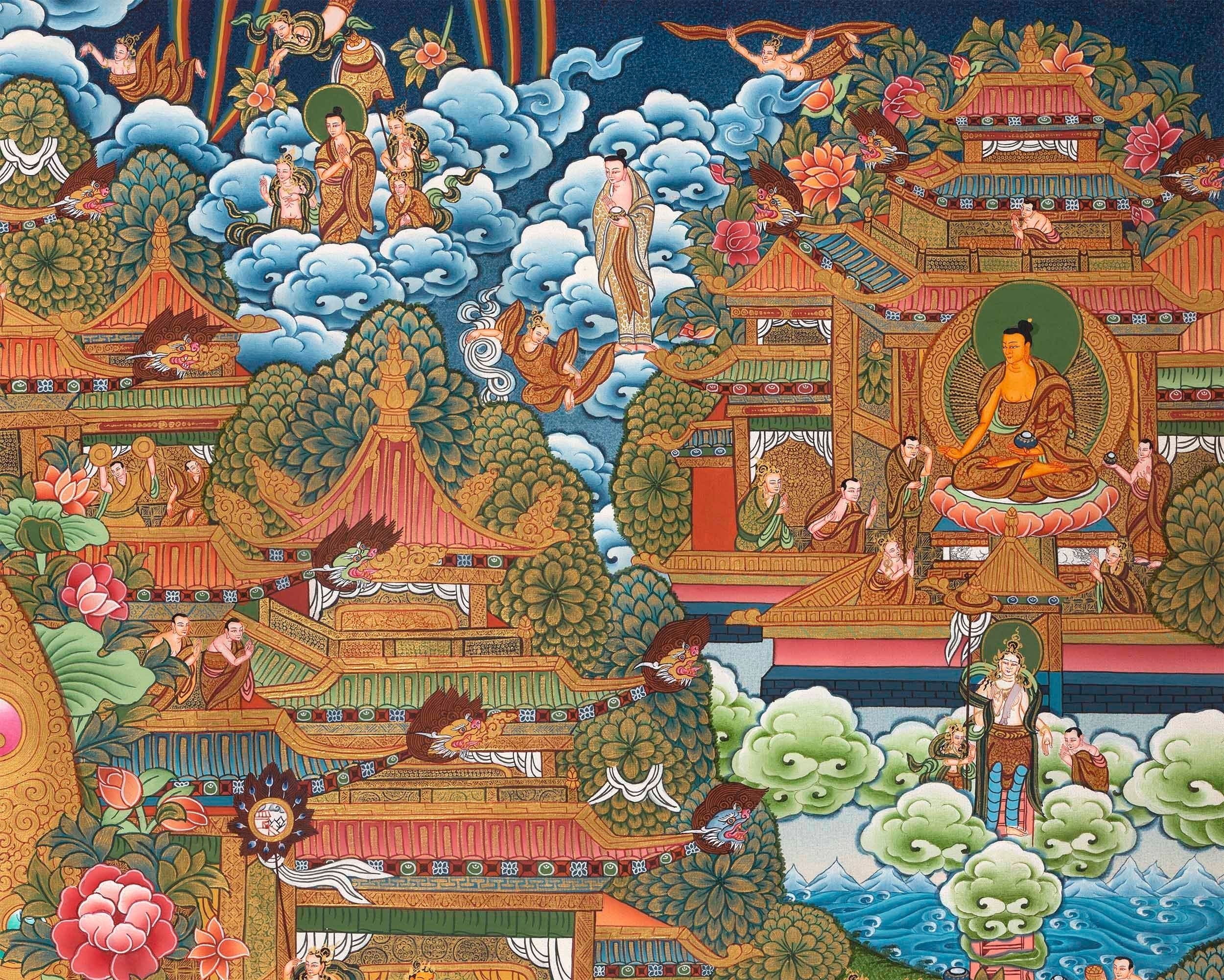 Traditional Shakyamuni Buddha Thangka | Large Traditional Panoramic Wall Art To Aid Meditation Yoga | 24 K Gold Artwork