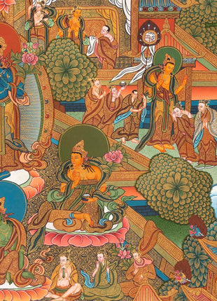 Traditional Shakyamuni Buddha Thangka | Large Traditional Panoramic Wall Art To Aid Meditation Yoga | 24 K Gold Artwork