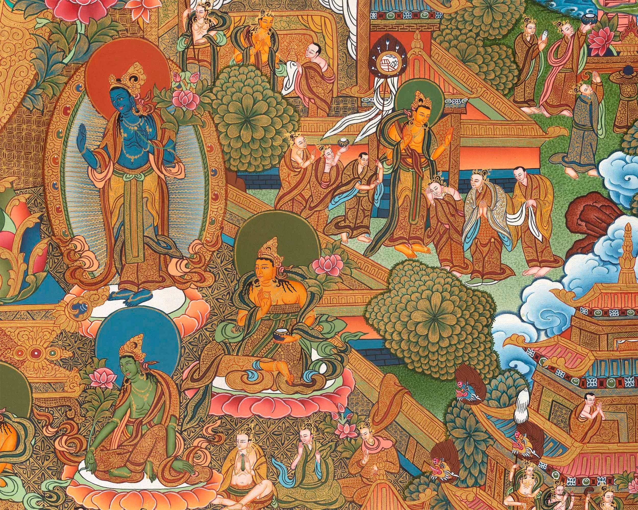 Traditional Shakyamuni Buddha Thangka | Large Traditional Panoramic Wall Art To Aid Meditation Yoga | 24 K Gold Artwork
