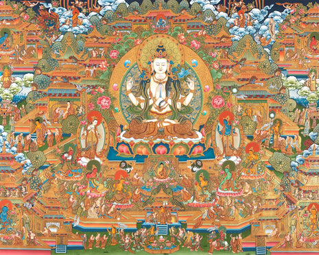 Traditional 4 Armed Chengrezig Buddha | Horizontal Original Thangka Painting | 24K Gold Work