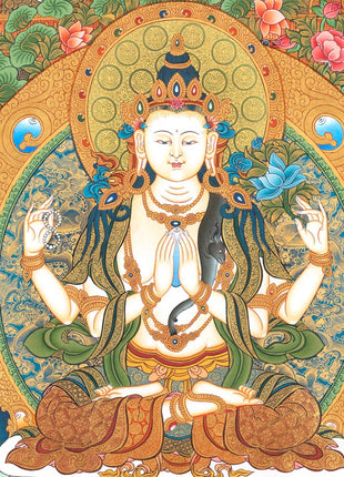 Traditional 4 Armed Chengrezig Buddha | Horizontal Original Thangka Painting | 24K Gold Work