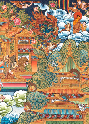 Traditional 4 Armed Chengrezig Buddha | Horizontal Original Thangka Painting | 24K Gold Work