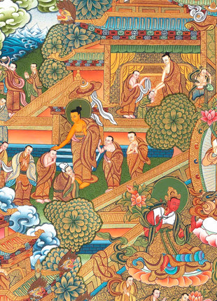 Traditional 4 Armed Chengrezig Buddha | Horizontal Original Thangka Painting | 24K Gold Work