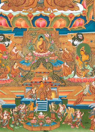 Traditional 4 Armed Chengrezig Buddha | Horizontal Original Thangka Painting | 24K Gold Work