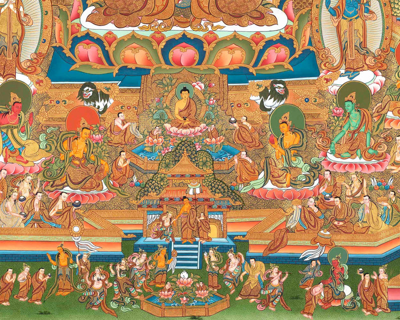 Traditional 4 Armed Chengrezig Buddha | Horizontal Original Thangka Painting | 24K Gold Work