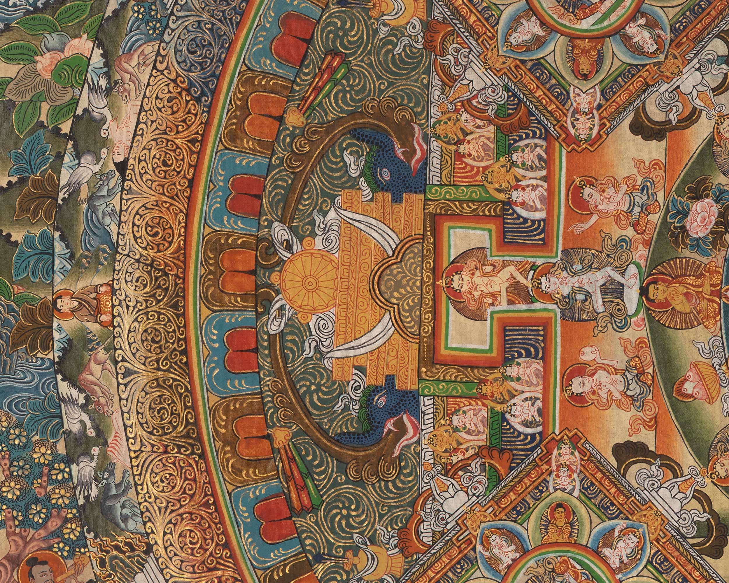 Vintage Mandala Thangka Painting | Tibetan Style Heavy Silk brocade with veil and Windties