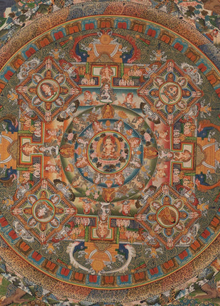 Vintage Mandala Thangka Painting | Tibetan Style Heavy Silk brocade with veil and Windties