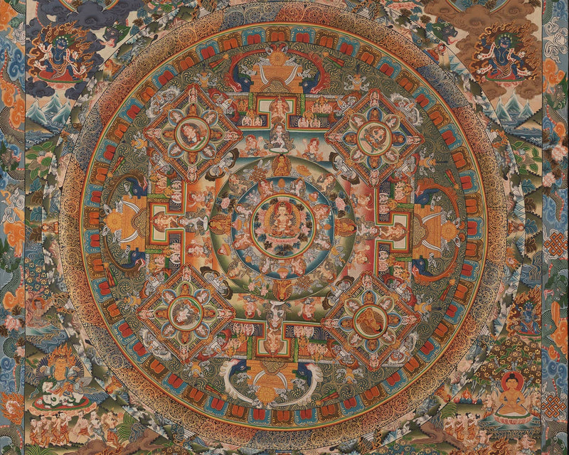 Vintage Mandala Thangka Painting | Tibetan Style Heavy Silk brocade with veil and Windties