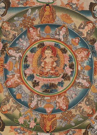 Vintage Mandala Thangka Painting | Tibetan Style Heavy Silk brocade with veil and Windties