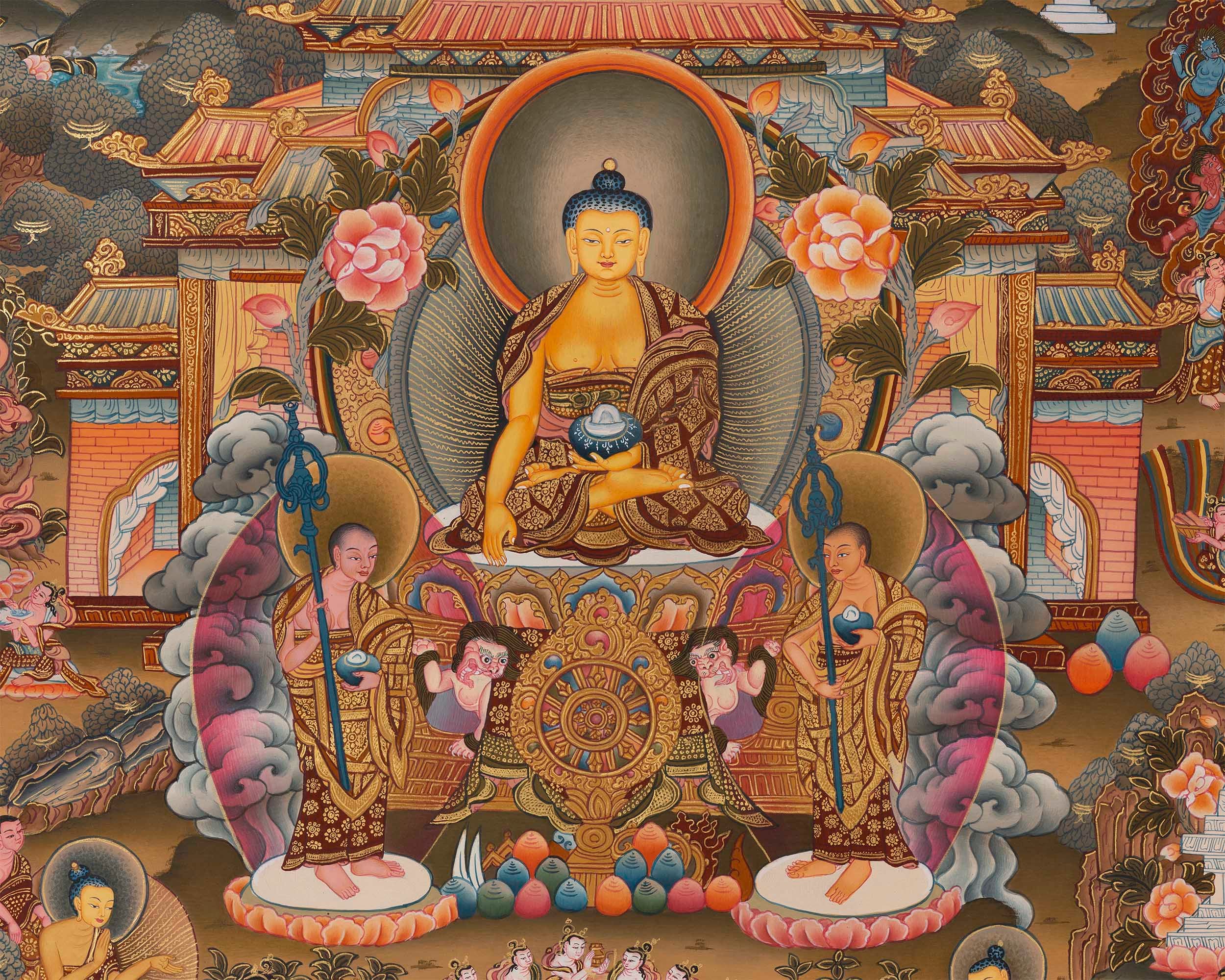 Bhagvana Buddha Life Story Thangka Painting | For Awareness Into Your Lives By Contemplating The Teachings Of The Sage | Religious Wall Decor