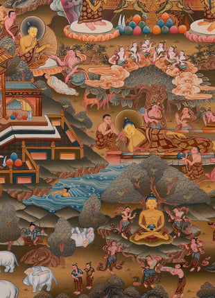 Bhagvana Buddha Life Story Thangka Painting | For Awareness Into Your Lives By Contemplating The Teachings Of The Sage | Religious Wall Decor