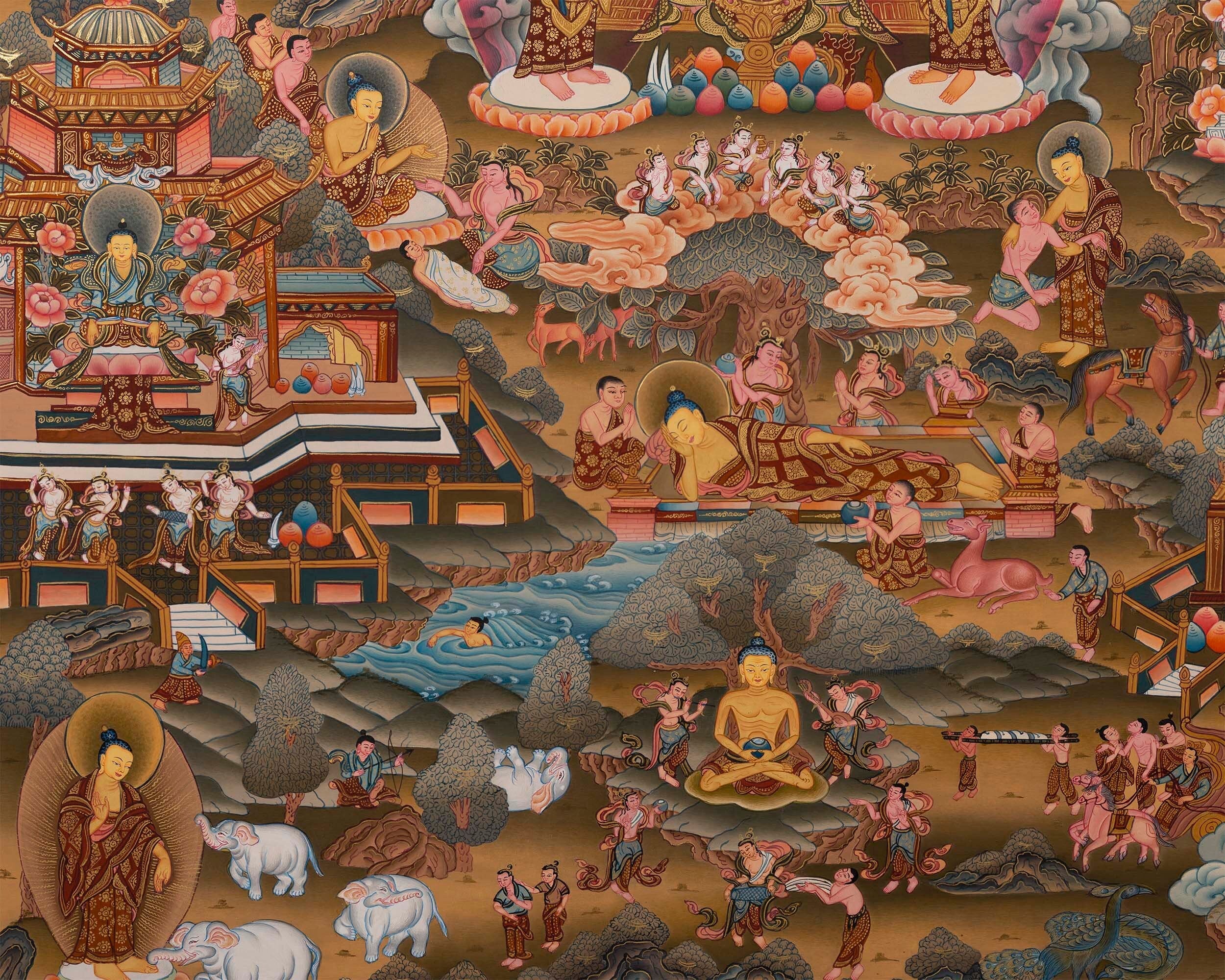 Bhagvana Buddha Life Story Thangka Painting | For Awareness Into Your Lives By Contemplating The Teachings Of The Sage | Religious Wall Decor