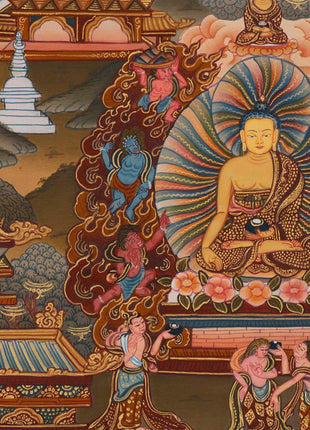 Bhagvana Buddha Life Story Thangka Painting | For Awareness Into Your Lives By Contemplating The Teachings Of The Sage | Religious Wall Decor