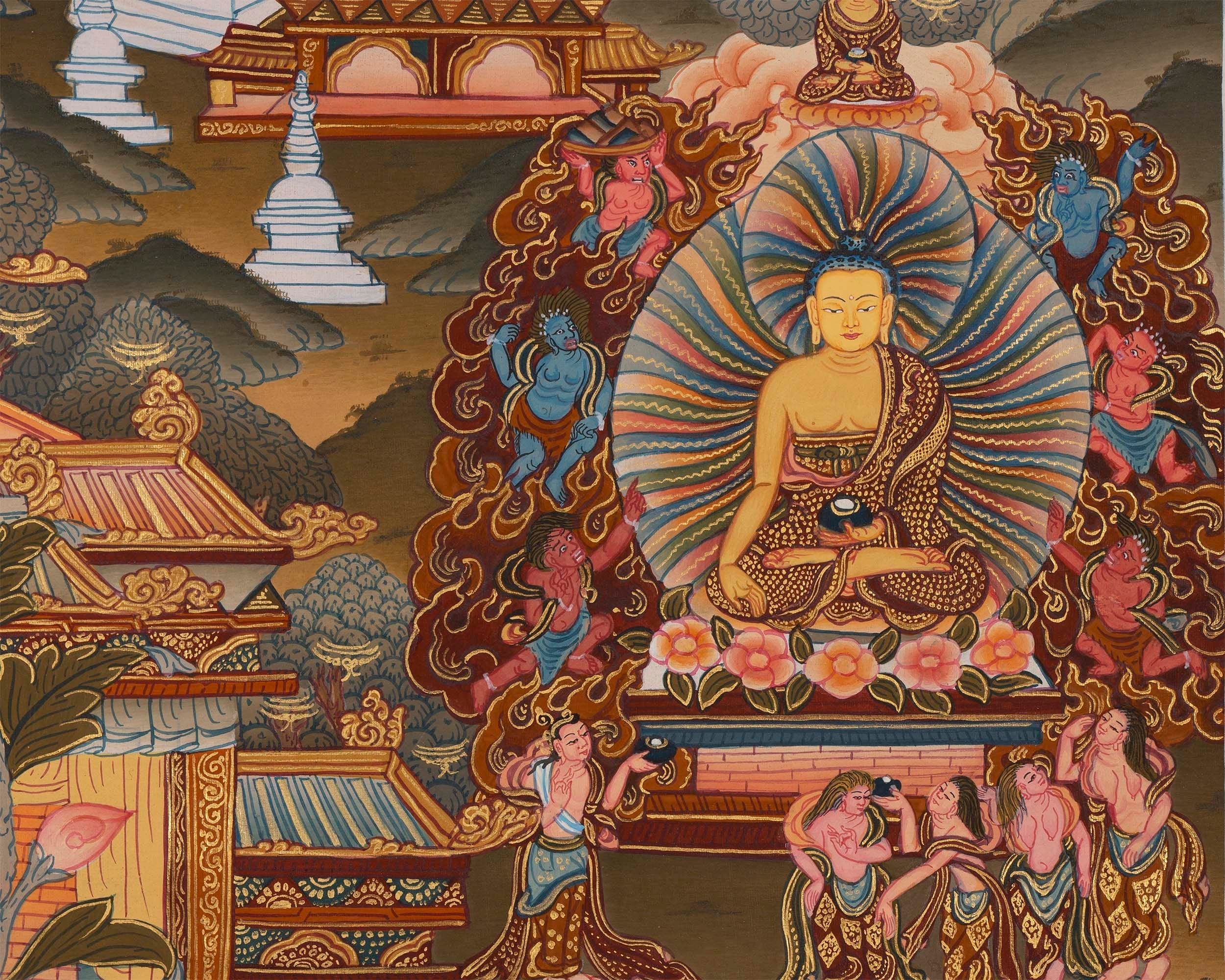 Bhagvana Buddha Life Story Thangka Painting | For Awareness Into Your Lives By Contemplating The Teachings Of The Sage | Religious Wall Decor