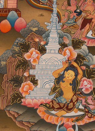 Bhagvana Buddha Life Story Thangka Painting | For Awareness Into Your Lives By Contemplating The Teachings Of The Sage | Religious Wall Decor