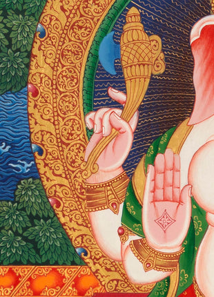 Ganesh Thangka Painting With Kartikeya and Saraswati | Original Hand Painted Ganapati Baba Canvas Art | Wall Hanging Religious Gift