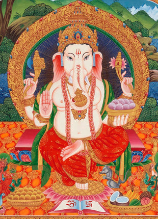 Ganesh Thangka Painting With Kartikeya and Saraswati | Original Hand Painted Ganapati Baba Canvas Art | Wall Hanging Religious Gift