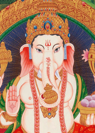 Ganesh Thangka Painting With Kartikeya and Saraswati | Original Hand Painted Ganapati Baba Canvas Art | Wall Hanging Religious Gift