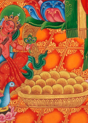 Ganesh Thangka Painting With Kartikeya and Saraswati | Original Hand Painted Ganapati Baba Canvas Art | Wall Hanging Religious Gift