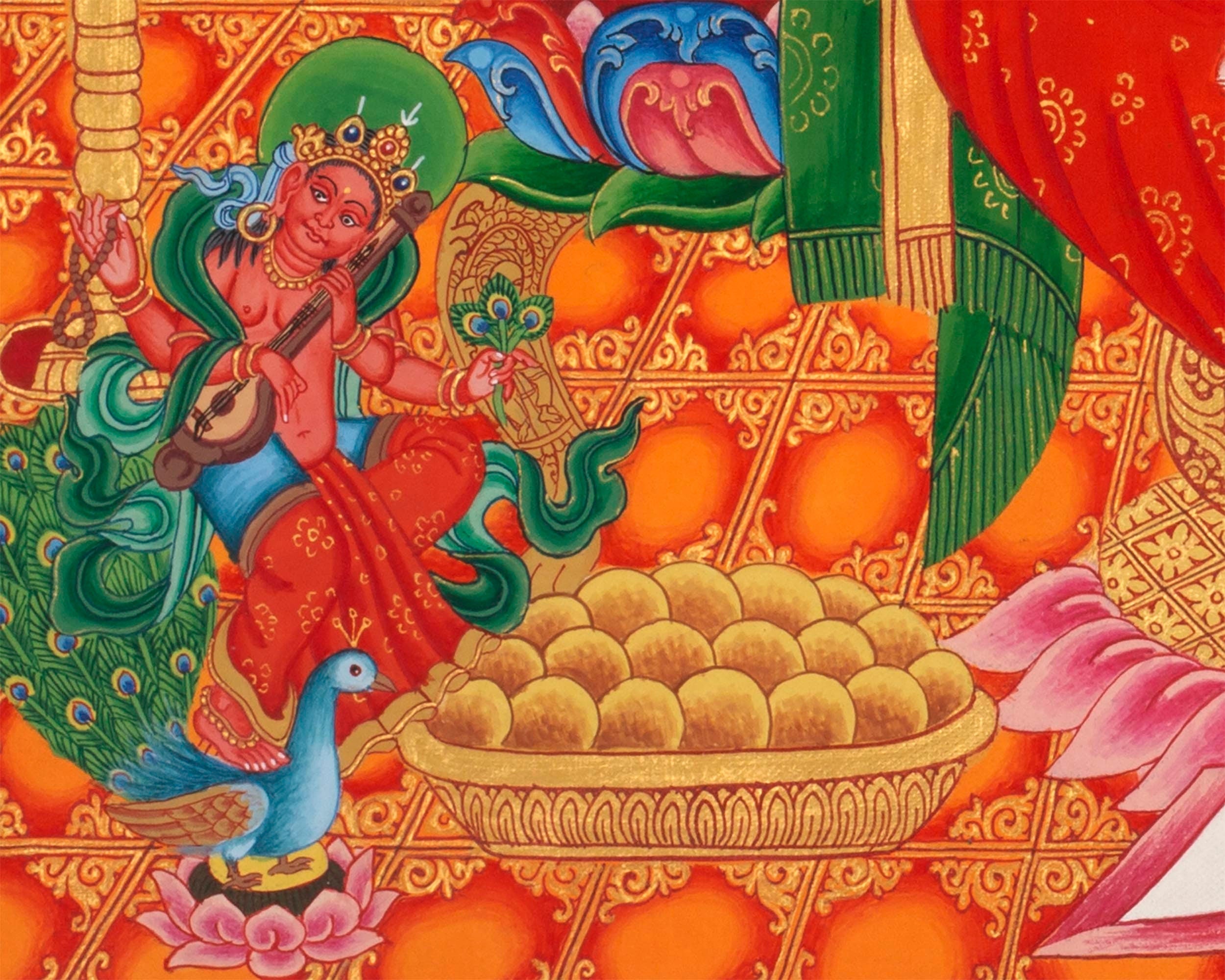 Ganesh Thangka Painting With Kartikeya and Saraswati | Original Hand Painted Ganapati Baba Canvas Art | Wall Hanging Religious Gift