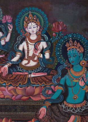 Handpainted Boddhisattvas Thangka | Chenrezig, White, and Green Tara |  Artwork