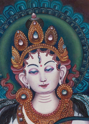 Handpainted Boddhisattvas Thangka | Chenrezig, White, and Green Tara |  Artwork